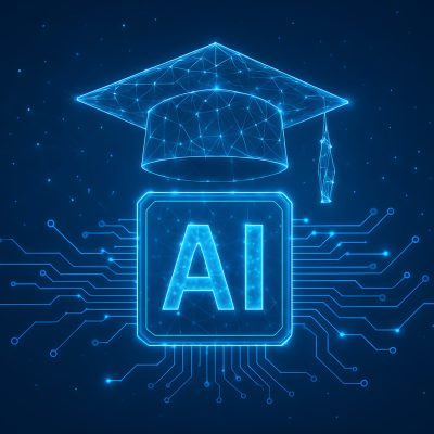 AI education : A conceptual depiction of artificial intelligence education. A graduation cap over an AI chip, illustrating the intersection of technology and learning.