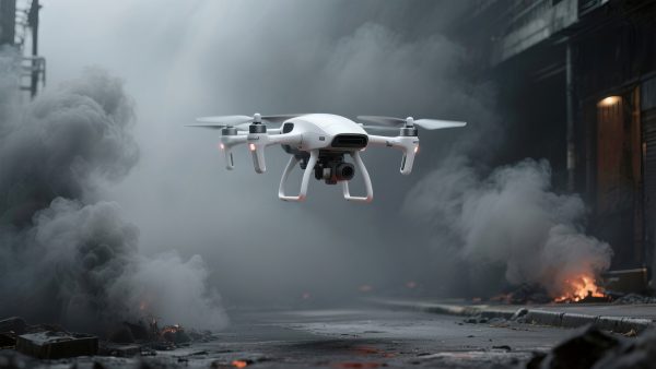 Advanced surveillance quadcopter flying through a smoky, darkened urban environment. Robotic drone in action during disaster or search and rescue operation.