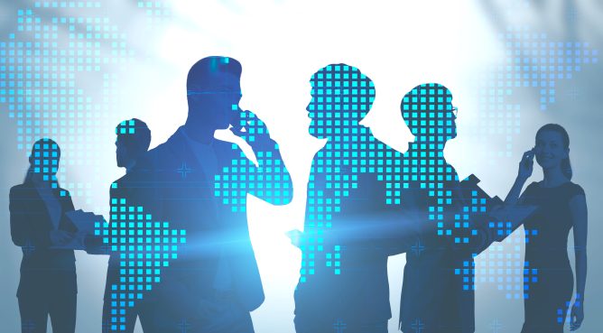 Silhouettes of business people over blurred background with double exposure of world map. Concept of teamwork and international business. Toned image