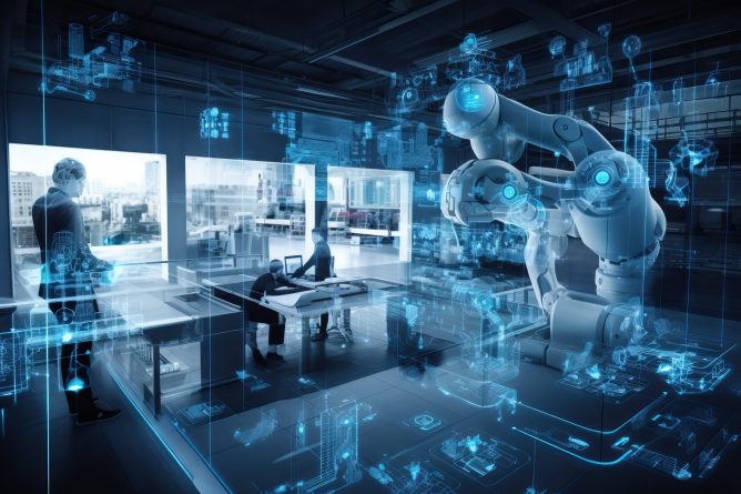 Generative AI Transforming Industries: Illustrate the transformative impact of an Exponential Enterprise AI Startup through a visually captivating commercial photograph. The high-resolution image portrays a representative industry or field that the startup is revolutionizing through AI technologies.