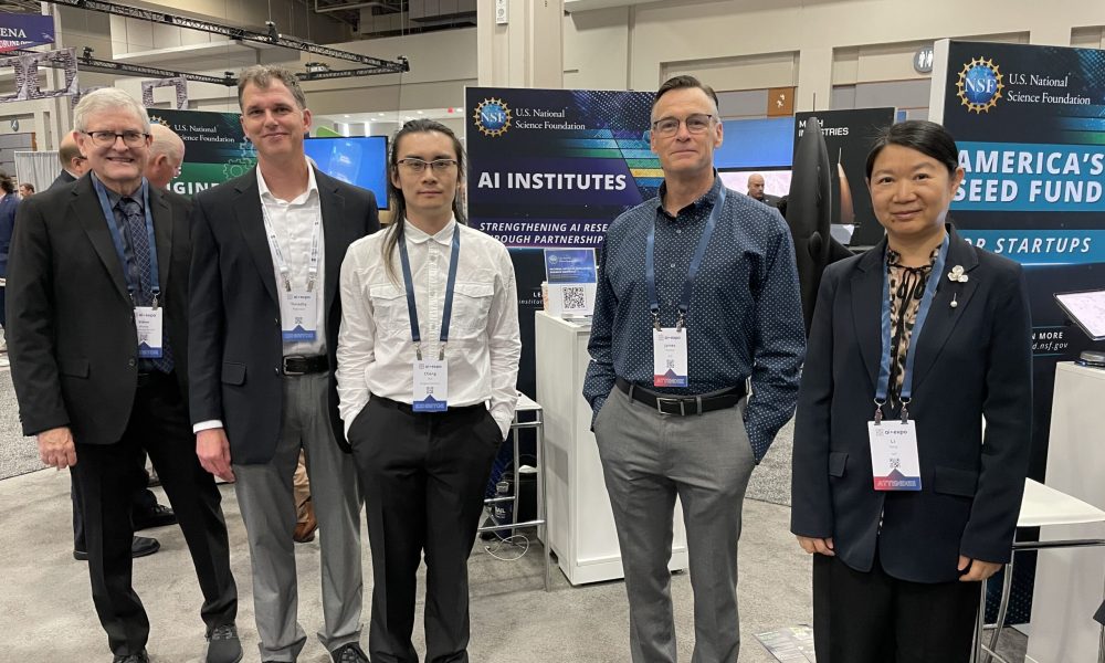 Pictured from left to right: Steve Brown, AI Institutes Virtual Organization (AIVO) and AI Institute for Next Generation Food Systems (AIFS); Tim Robinson and Cheng Xin, The ACTION NSF Artificial Intelligence Institute; Jim Donlon and Li Yang, NSF.